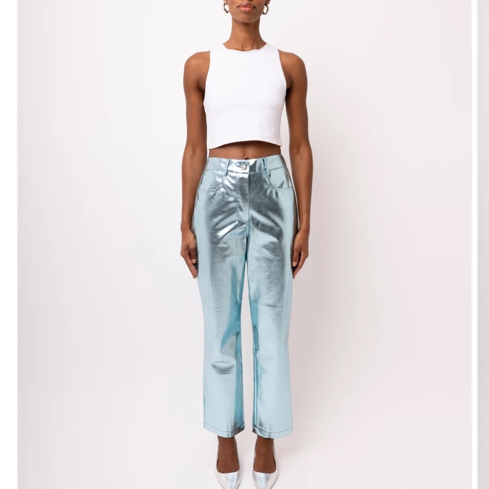 BNWT Amy Lynn Lupe Ice Blue Metallic High Waisted Pants